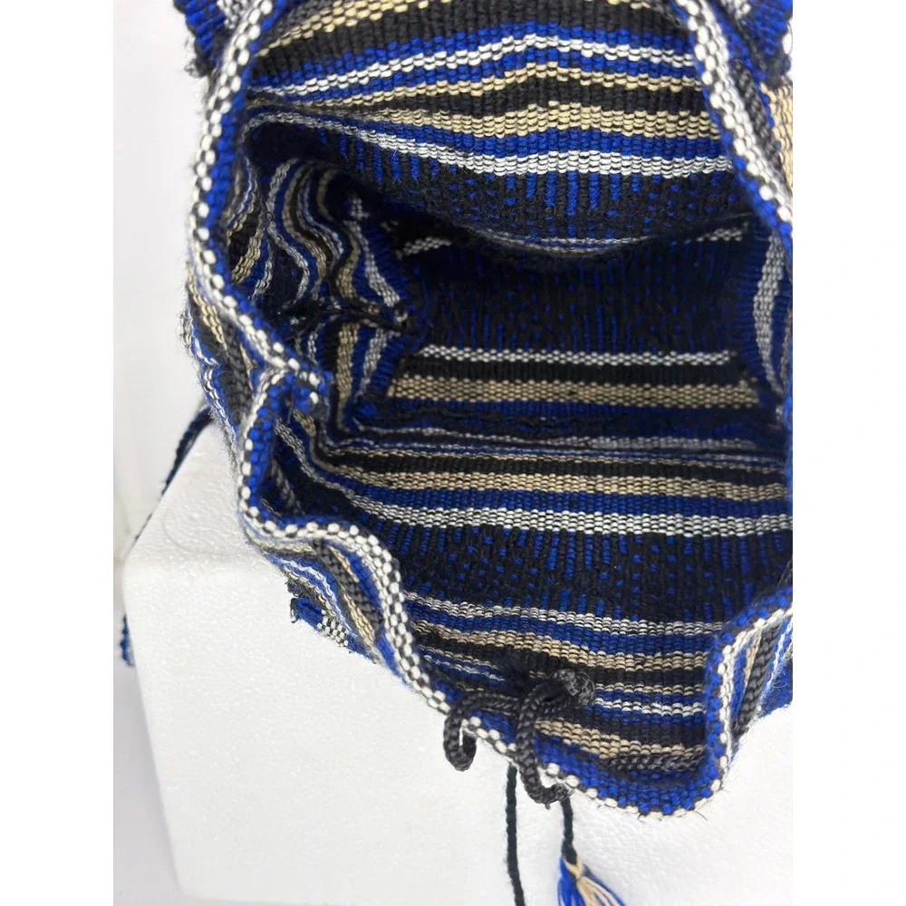 Handmade Woven Mini Backpack Blue Black Striped Boho Festival Rucksack Toggle